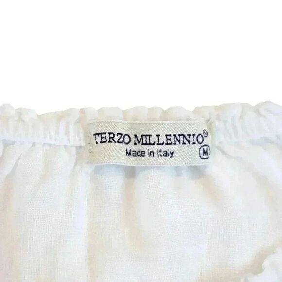 Terzo Millennio White Linen Gathered Crew-Neck Blouse – Size Medium - Picture 2 of 6